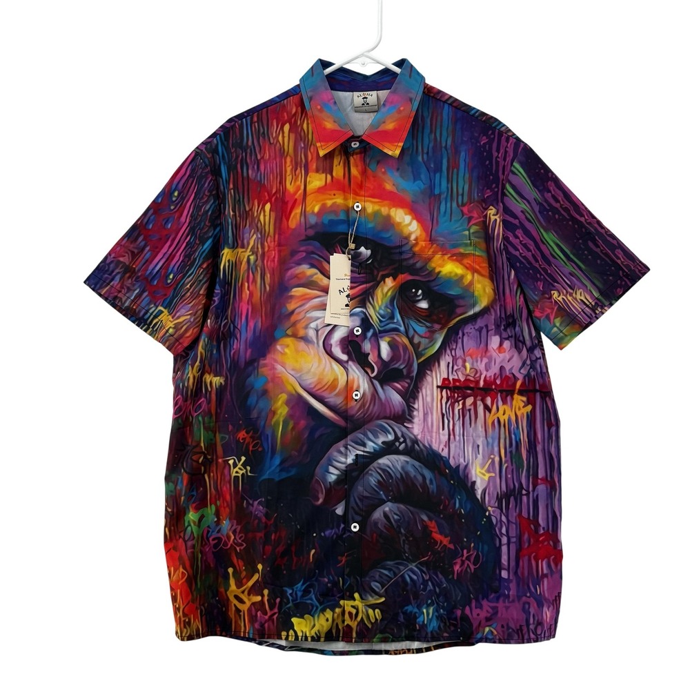 Aloha‎ Shirt Mens Large Multicolor Graffiti Gorilla Art Short Sleeve Button NWT